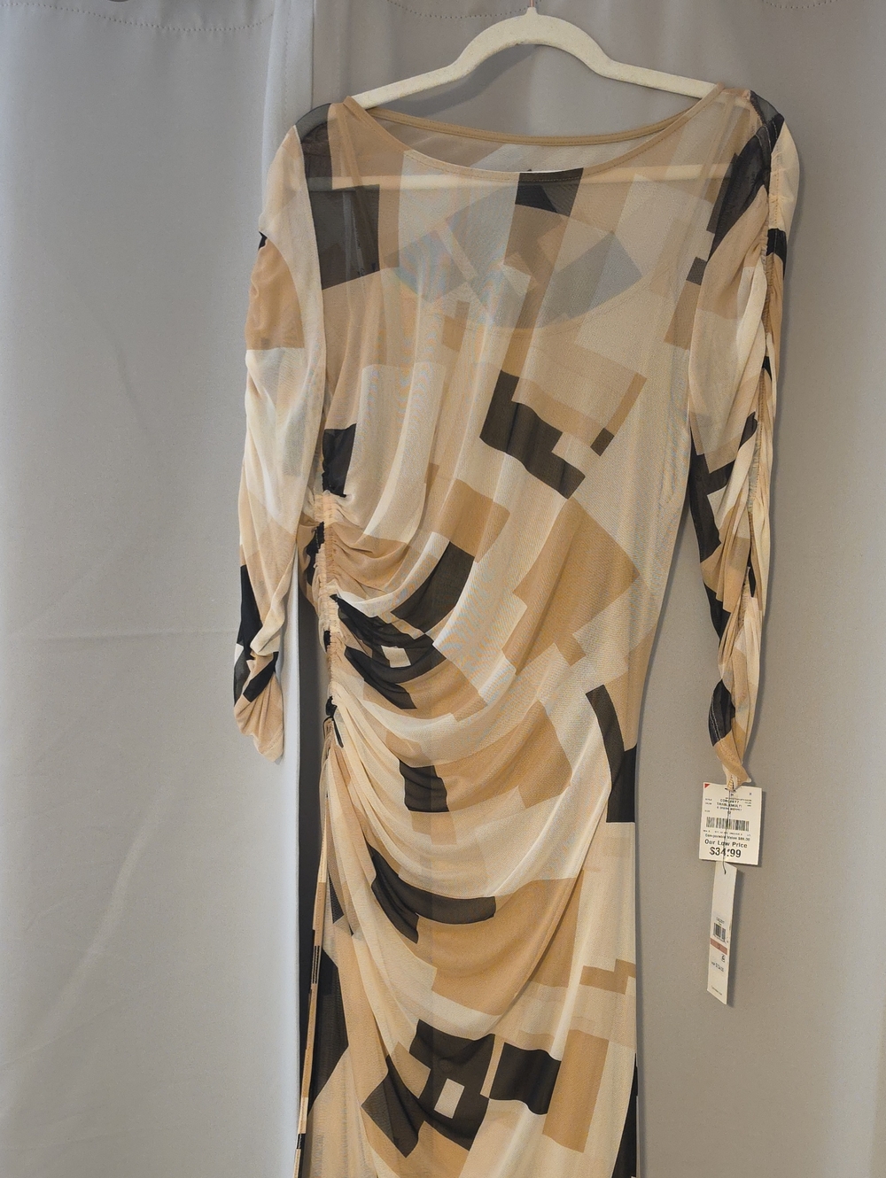 Calvin Klein Sheer Geometric Ruched Long-Sleeve Dress in Beige and Black